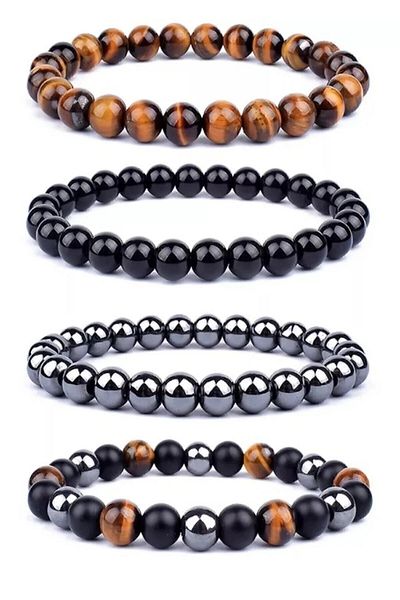 Dejavu TR Set of 4 Bracelets - Tiger Eye, Shiny Onyx and Hematite Natural Stone Bracelet