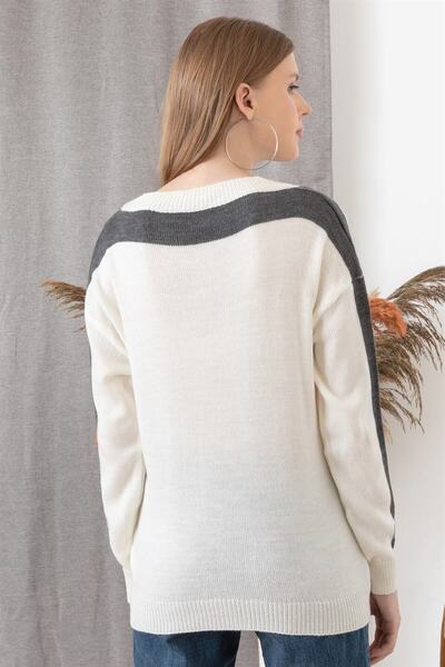 AQE FASHION Pulover alb pentru damă, cu mânecă în dungi, cu gâtul turnat