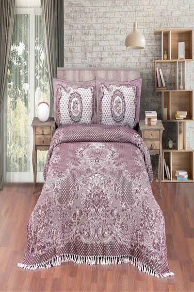 Evim Rose Patterned Cotton Plum Jacquard Bedspread - 230X240 cm