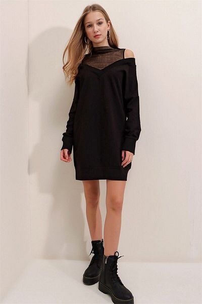 AQE FASHION Rochie de damă neagră cu decolteu din tul