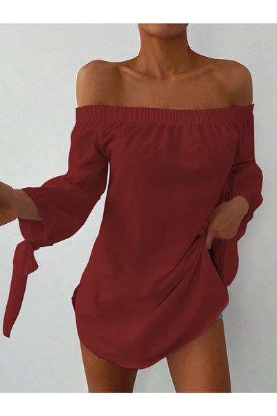 AQE FASHION Rochie roșie Claret cu mâneci cu guler Madonna pentru femei