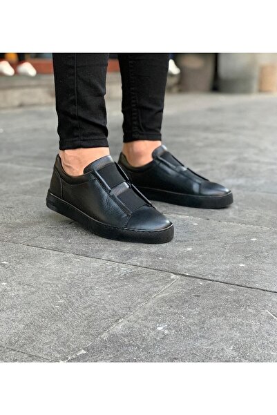 Parlak Siyah Lastikli Hakiki Deri Erkek Ayakkabı