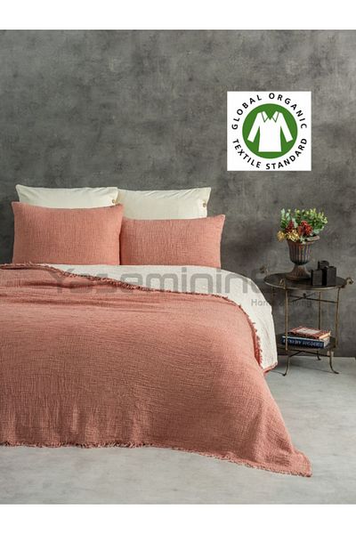 YASEMİNİNEVİ Double Muslin Pique-Bed Cover - Brick Color, 4 Layers, 100% Cotton