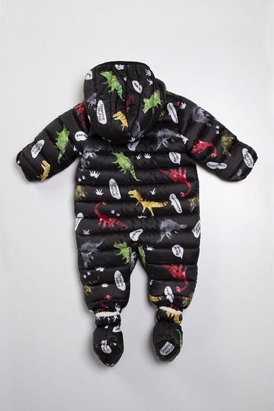 PODİUM GİYİM Dinosaur Patterned Black Winter Hooded Cosmonaut Jumpsuit with Removable Feet and Hidden Gloves