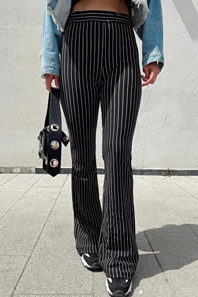 KaSheHa Siyah Çizgili Ve Etnik 2'li Paket Ispanyol Paça Pantolon 100 Cm