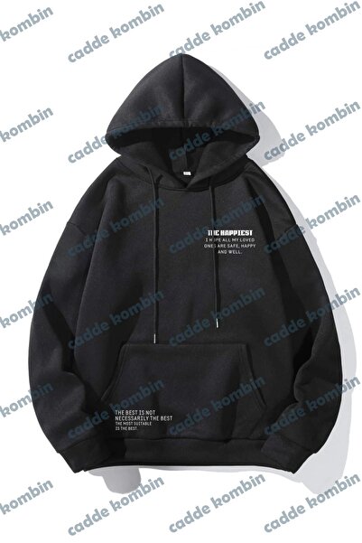 caddekombin Unisex Black Happiest Printed Oversize Hoodie