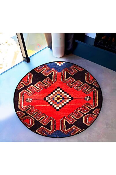 Rugs Modern Halı Navy Blue Red Themed Traditional Motif Patterned Round Woven...