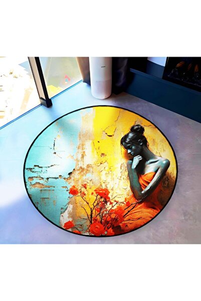 Rugs Modern Halı Multicolored Abstract Woman Figure and Flower Pattern Round ...