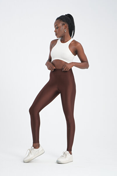 MRS.MODA Γυναικείο Καφέ Γυαλιστερό Ντίσκο Καλσόν με ψηλή μέση