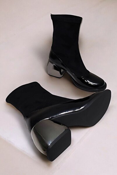 ERS Air Comfort Kadın Siyah Rugan Hakiki Deri Konç Kısmı Süet Streç Topuklu Bot K.168.035