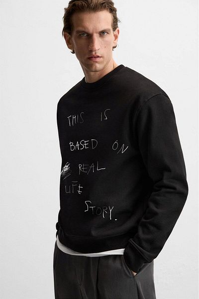The Champ Clothing Принтиран текст Polar Life Story - черен суитшърт с кръгло деколте