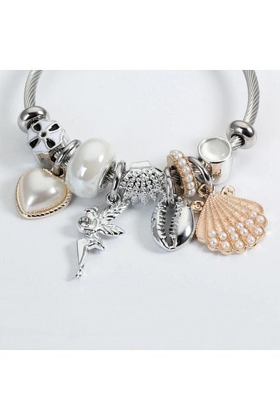 Jeros Accessories Steel Bracelet with White Seashell and Angel Charm