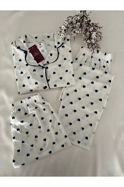 MH Moony Homewears Комплект мека памучна пижама от 3 части в тъмносиньо сърце