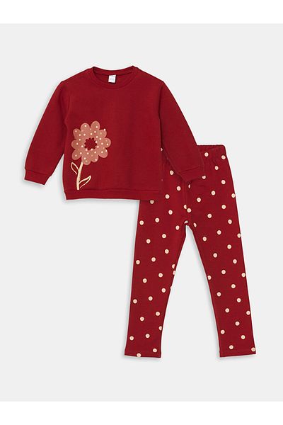 LC Waikiki Floral Patterned Baby Girl Blouse and Leggings - Crew Neck, Long Sleeve, Set of 2