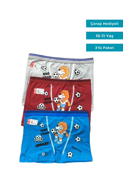 ÖREN YILDIZ Boy's Lycra Combed Cotton Boxer 10-11 Years 3-Piece Socks with Gift