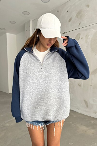 Sun Victoria Unisex Lacivert Dik Yaka Oversize 3 Iplik Şardonlu Sweatshirt