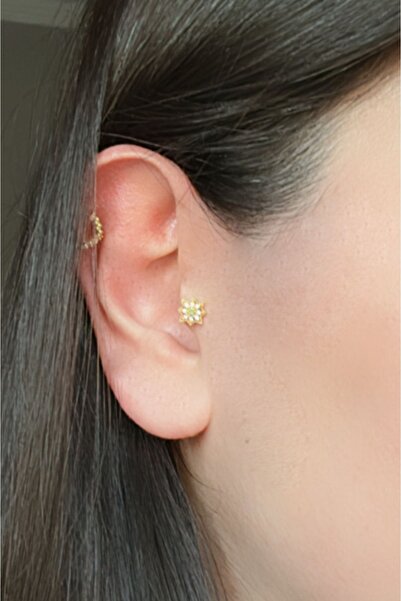 alysa jewelry Çelik Üç Boyutlu Çiçek Yeşil Detaylı Parlak Taşlı Piercing Helix Lobe