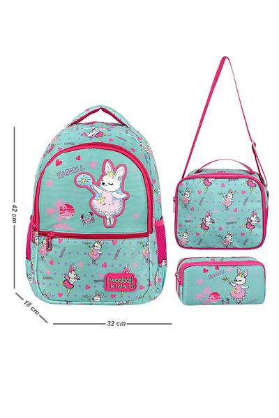 Waddell Școala primară cu model Royal Glow Rabbit și cutie de prânz - Trusa cu buzunar dublu
