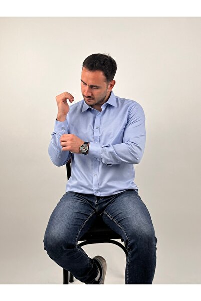 Mad&Calf Men's Slim Fit Cut Buttoned Collar Long Sleeve Gabardine Shirt