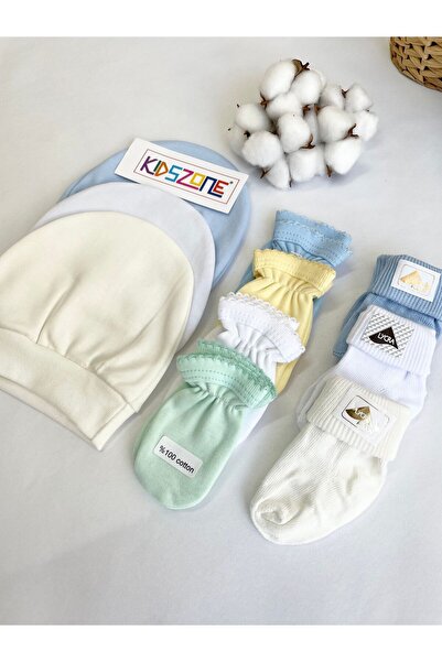kidszone %100 Pamuk Yenidoğan Bebek Eldiven Yenidoğan Şapka Yenidoğan Çorap 3 Şapka 4 Eldiven 3 Çorap.