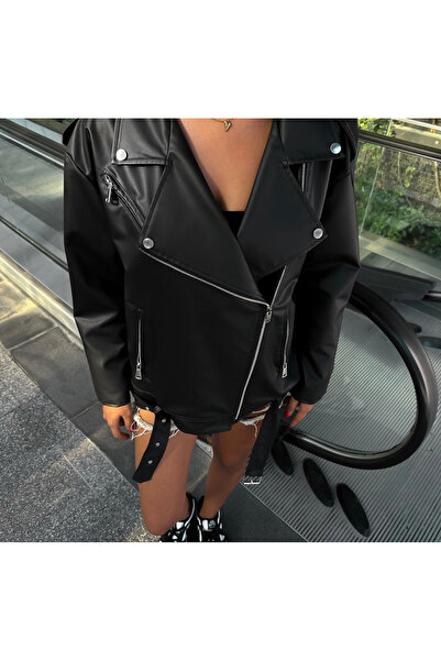 Ekim Store Geaca lunga de piele neagra - cu centura