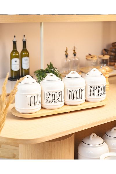 FERCA Set of 4 Salt Thyme Mint Pepper Countertop Ceramic Storage Jars