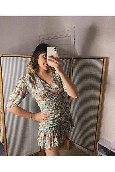 RUZGAR BUTIK Yeşil Drapeli Kollu Elbise