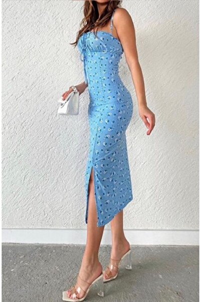 Night Butik Mavi Göğüs Büzgülü Çiçek Deden Elbise