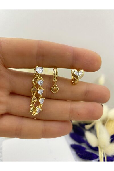 Arescollection PASLANMAZ ÇELİK YSX 3 LÜ KOMBİN ZİRKON TAŞLI KALPLİ AKALİTE SET KÜPE