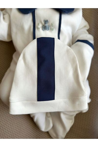 Mama Miel Baby Navy Blue Fabric Detailed Blue Handcrafted Teddy Bear Embroidered Jumpsuit and Stripe Detailed Beret Hat