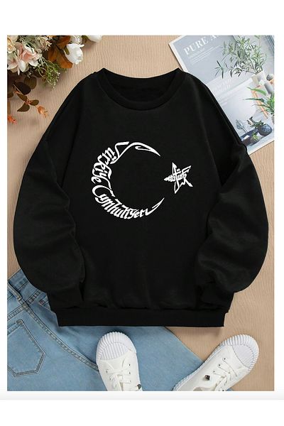 Pelna Cotton Ataturk Printed Crescent and Star Black Kids Sweatshirt