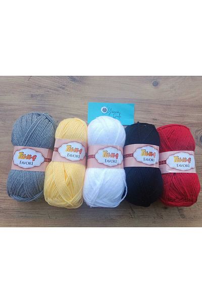 Tunç 5 Pieces Mixed Color Hand Knitting Thread Favorite Knitting Thread Set of 5 100 gr Black-White-Yellow-Grey-Red