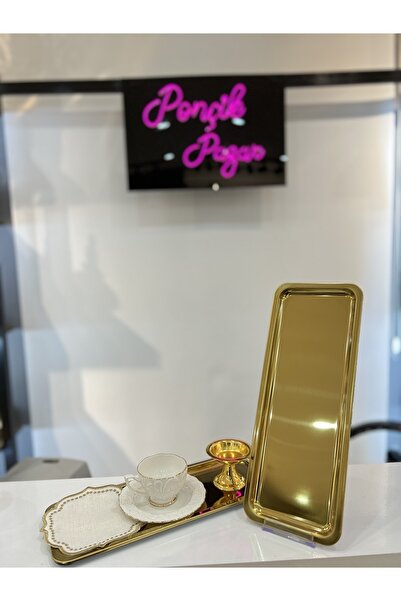 PONCİKPAZAR Lüx Paslanmaz Çelik Gold Renk Baton Çay,kahve Dekoratif Sunum, Servis Tepsisi 1 Adet
