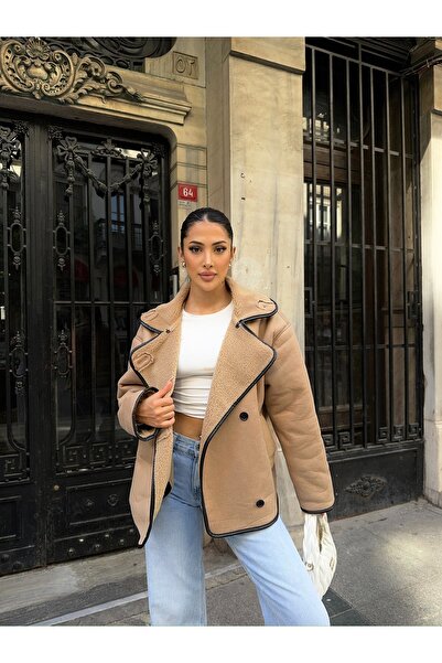 Ekim Store Çoban Düğmeli Peluş Deri Palto Mont