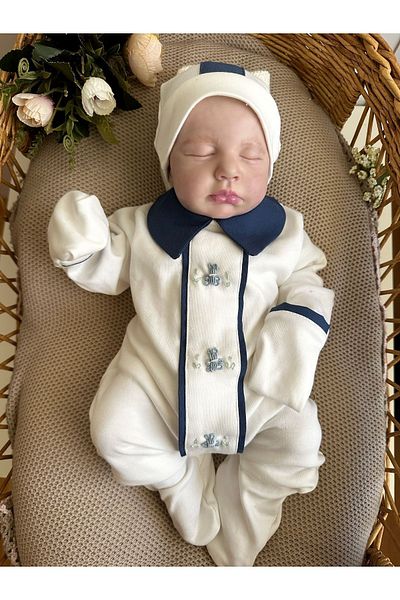 Mama Miel Baby Navy Blue Fabric Detailed Blue Handcrafted Teddy Bear Embroidered Jumpsuit and Stripe Detailed Beret Hat