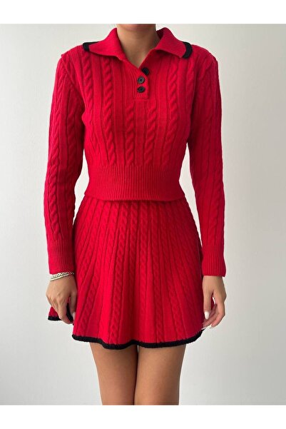 Mooi Butik Red Polo Collar Knitwear Sweater and Mini Skirt Set