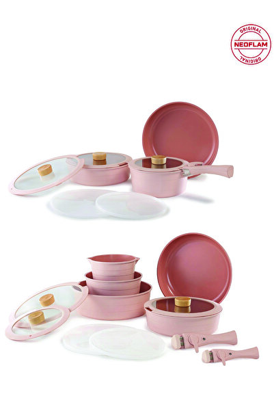 NEOFLAM Midas Pembe 21 Parça Ayrılabilen Saplı Iç Içe Geçebilen Indüksiyonlu Tencere Tava Seti