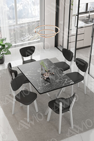 AVVİO MONA ELMA Sandalye 80x140 Yemek Masası Mutfak Masası 6 Kişilik Masa San...