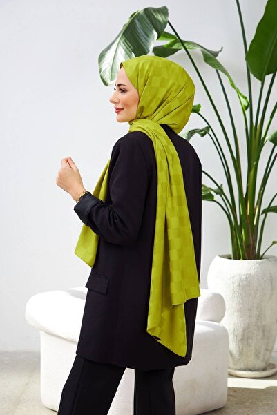 İpek Checkerboard Pattern Jacquard Shawl Oil Green