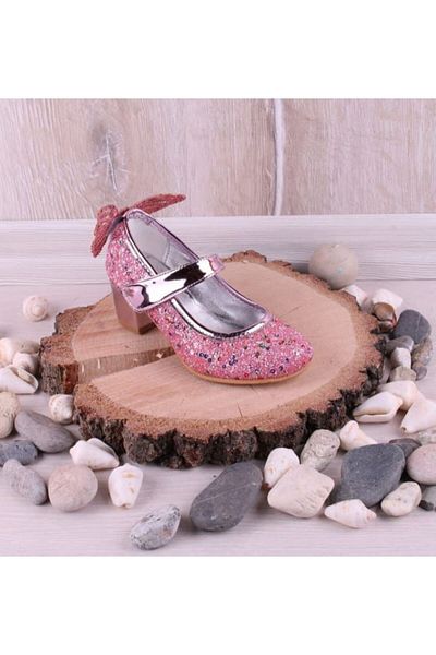 PİNKBLUEKİDSS Pantofi pentru fete cu toc roz brodat cu piatra de sticla sparta
