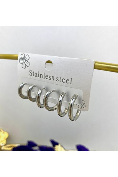 Arescollection 316L SURGICAL STEEL THICK 6 PIECES 3 PAIRS 3 SIZE HOOP EARRINGS SET