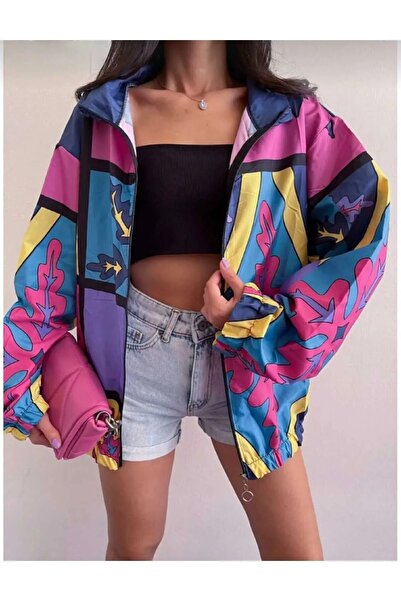Miss fashion Unisex Paraşüt Kumaş Oversize Baskılı Siyah Rüzgarlık Yağmurluk