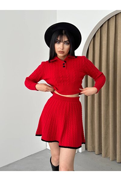 Mooi Butik Red Polo Collar Knitwear Sweater and Mini Skirt Set