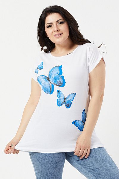 DİLARAS Plus Size Crew Neck Butterfly Printed Blouse