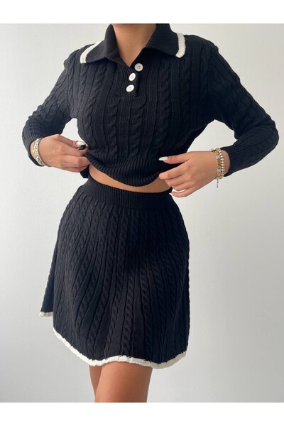 Mooi Butik Polo Neck Mini Sweater and Skirt Knitwear Set - Black