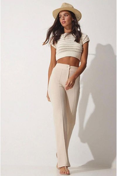 Butik Pantaloni Palazzo Pantalon de damă din țesătură creponată Lycra cu iarbă în față