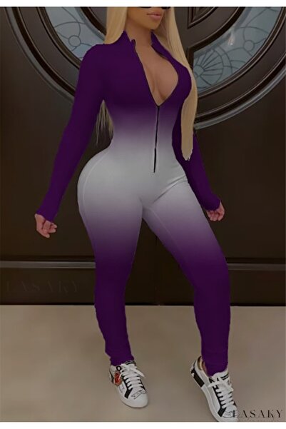 ARDSU inodu Kadın Seksi Fermuarlı V Yaka Uzun Kollu Düz Renk Kaburga Örgü Dar...