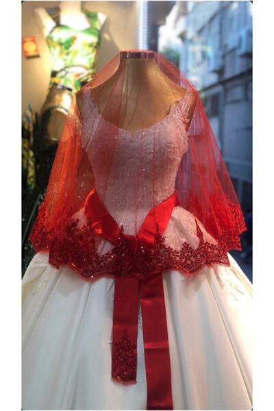 ZEYMERADE Kırmızı Işıl Işıl Güpürlü Gelin Duvağı Seti Düğün Yüz Örtüsü Kına Gecesi Nikah Duvak Kuşak Eldiven