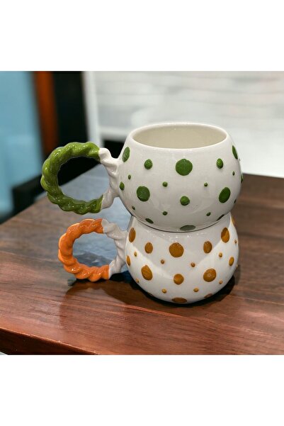 İZart كوب سيراميك مرقط باللونين الأخضر والبرتقالي مكون من قطعتين - منقوش بشكل...