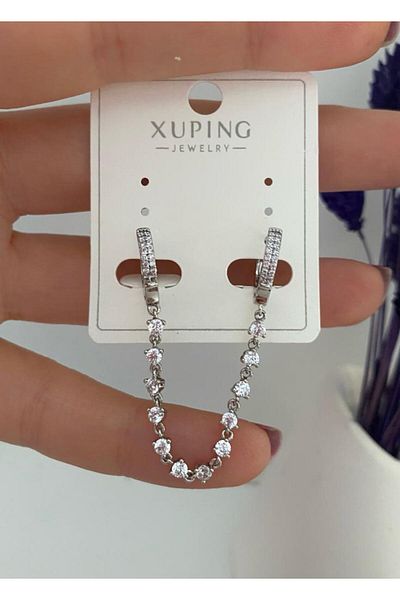 Arescollection vip series tarnishless xuping zircon stone chain double hoop earrings